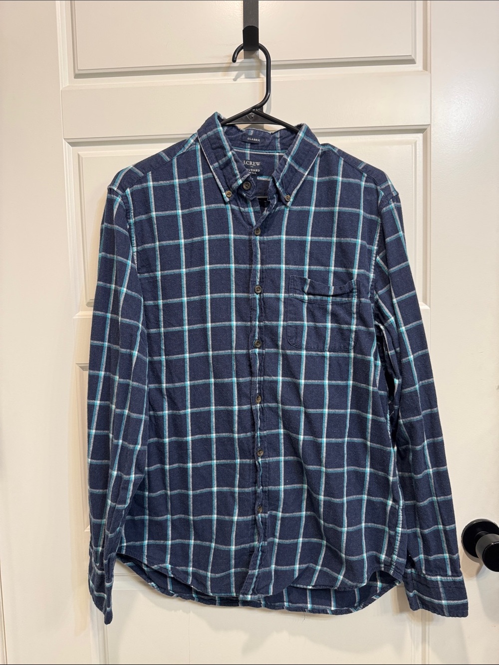 J. Crew Men's Navy and Light Blue Plaid Button-Down Shirt